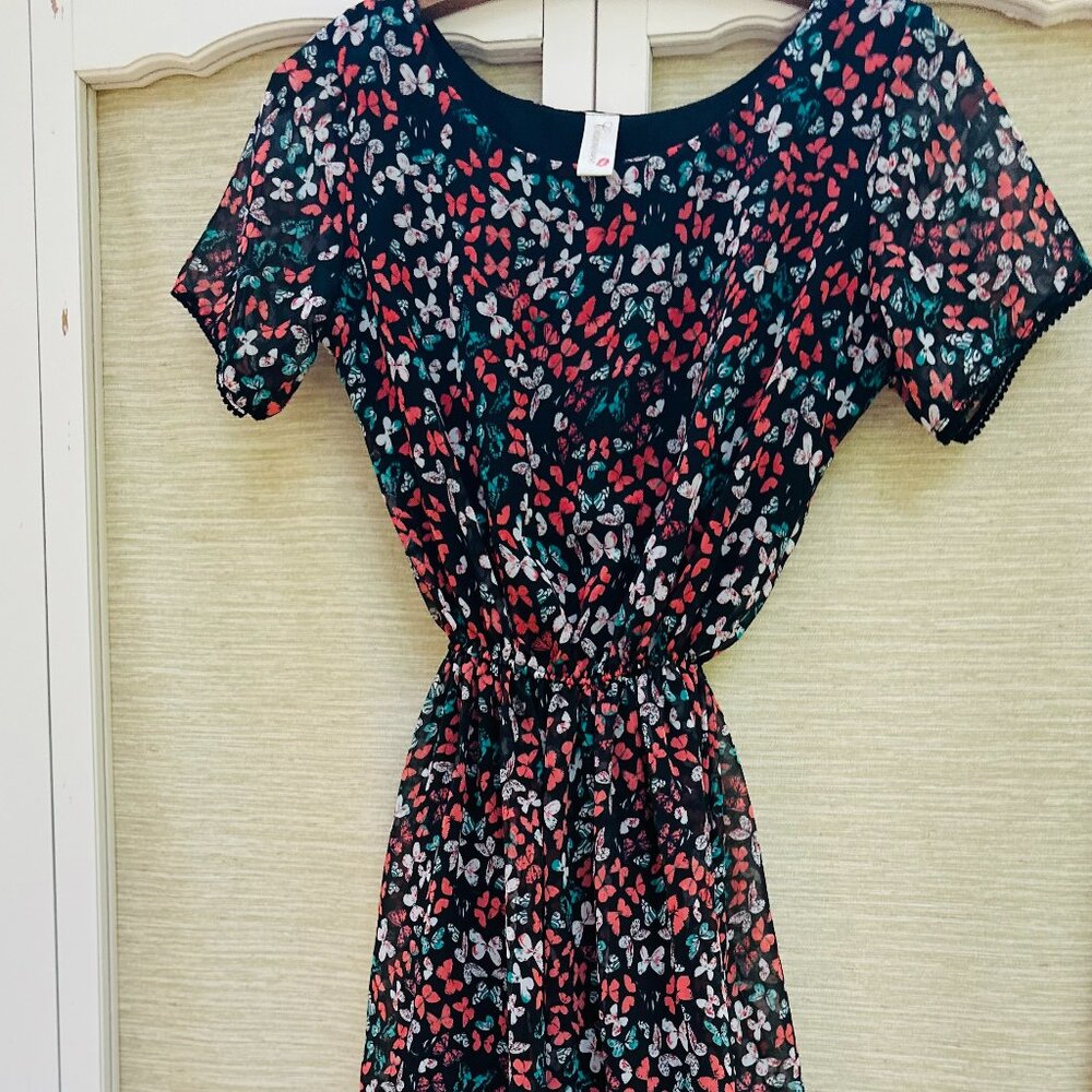 Butterfly Print Mini Dress XS Black Rayon Fit Flare Elastic Waist Boho Cute